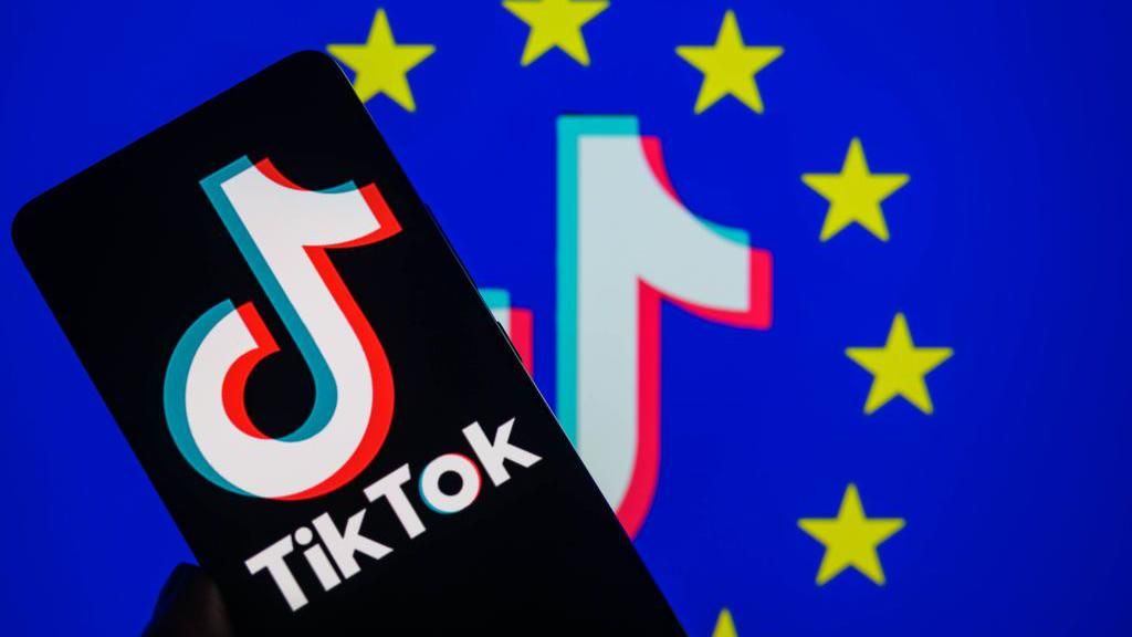The TikTok logo ion front of the EU flag