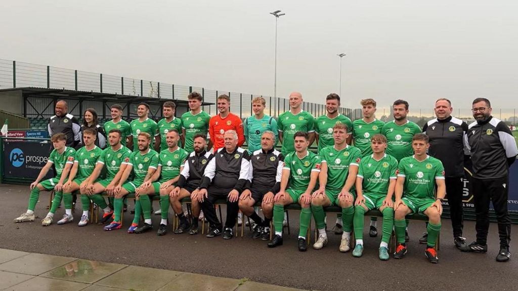 The team of Bishops Cleeve FC lining up for a photo 