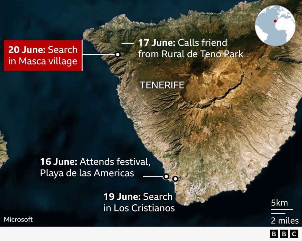 A map showing the last known movements of and search locations for Jay Slater on Tenerife