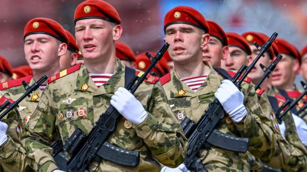 Ceremonial soldiers parade during 79th anniversary of the Victory Day in Red Square in Moscow, Russia on May 09, 2024
