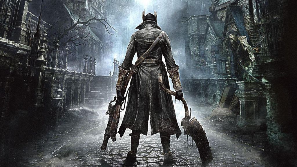 An animated scene shows a character with horns and a long jacket is holding weapons. They are looking out at a stoned path and stoney buildings. The lighting is moody and there is a shot of light down the middle.