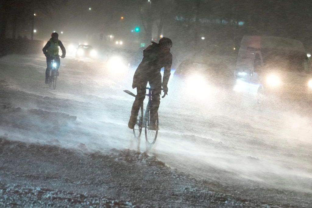 Cyclists in Aalborg, Denmark, during heavy snowfall. Some parts of eastern Denmark could see up to 70cm (26 inches) of snow by Thursday.