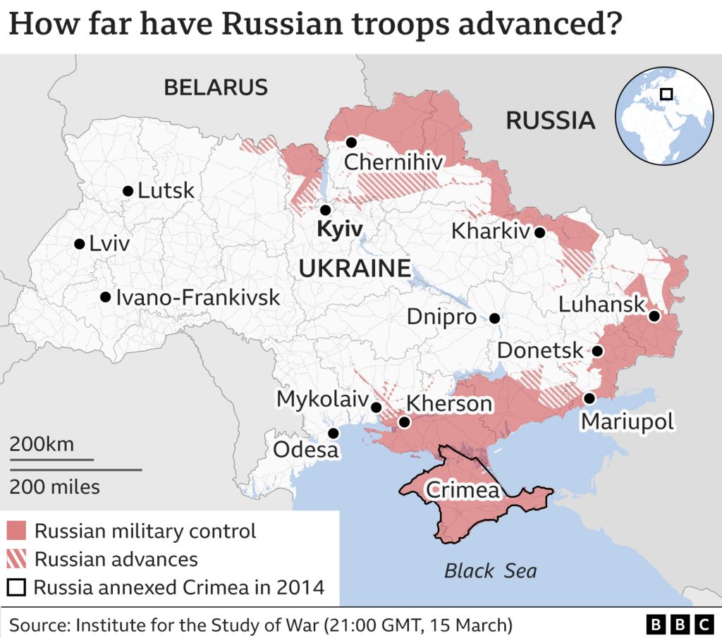 Карта с указанием территорий Украины, находящихся под контролем России.