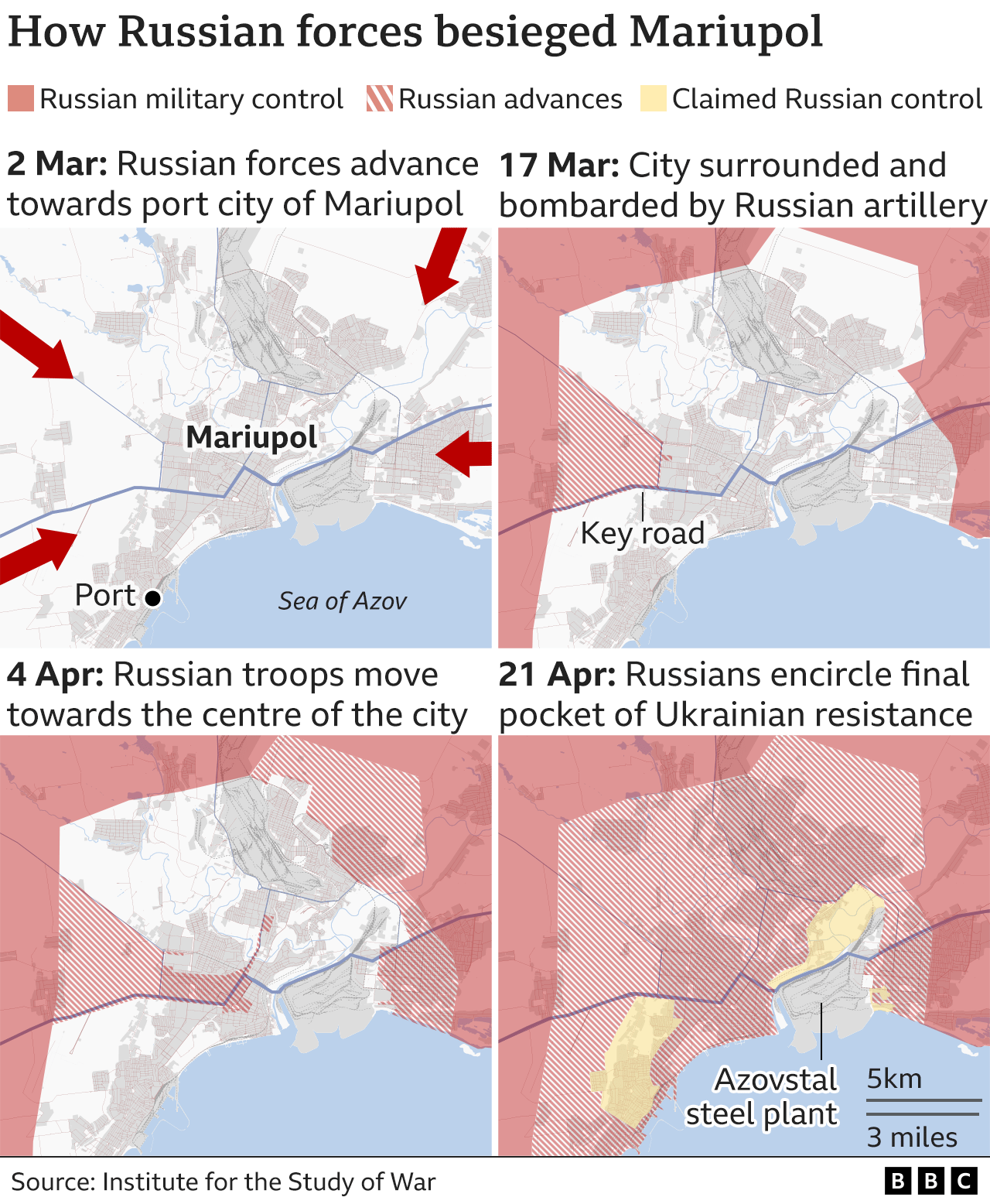 Maps showing how Mariupol has been besieged by Russian forces