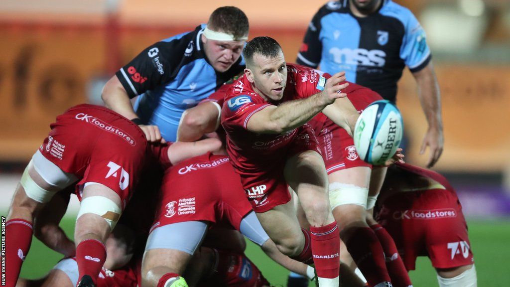 Gareth Davies, in action for Scarlets against Cardiff, has played 74 internationals for Wales