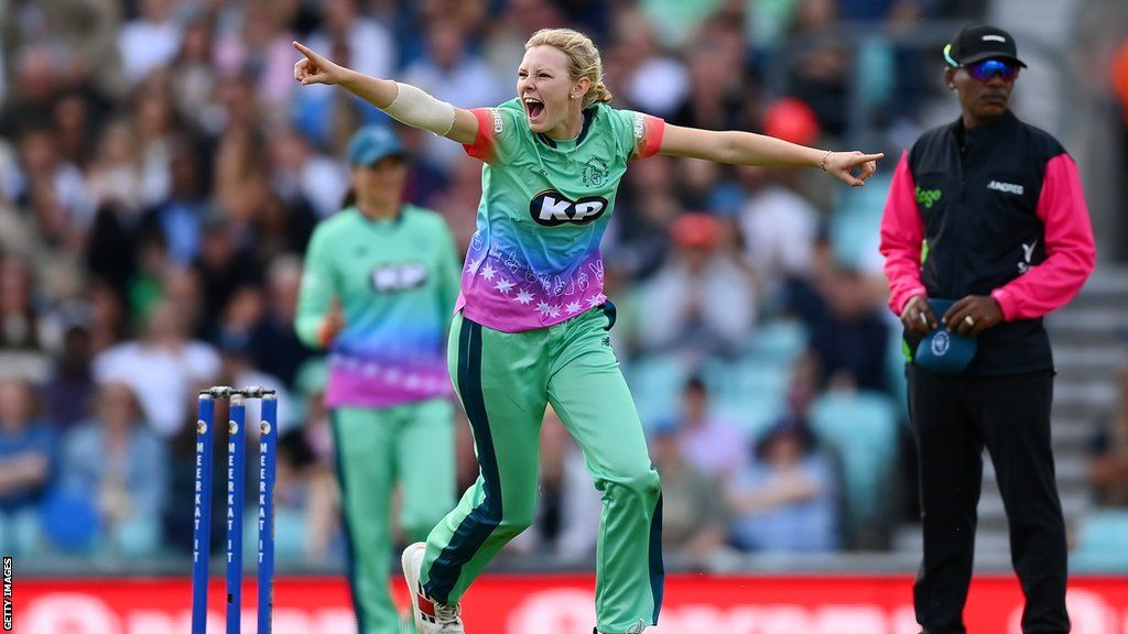 Sophia Smale celebrates a wicket for Oval Invincibles