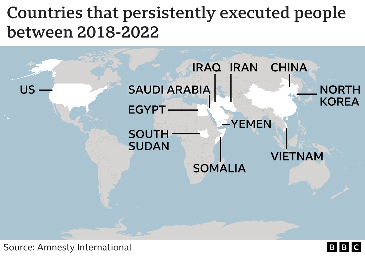 Map showing the countries which Amnesty International says regularly executed people between 2018 and 2022 (January 2024)