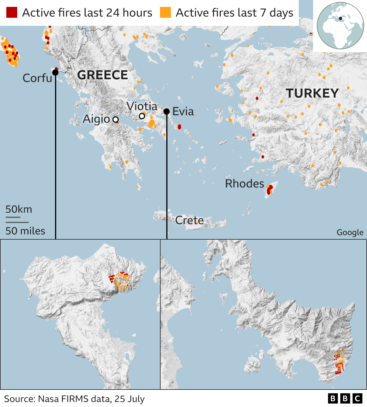 Harta që tregon zjarret në Korfuz dhe Evia