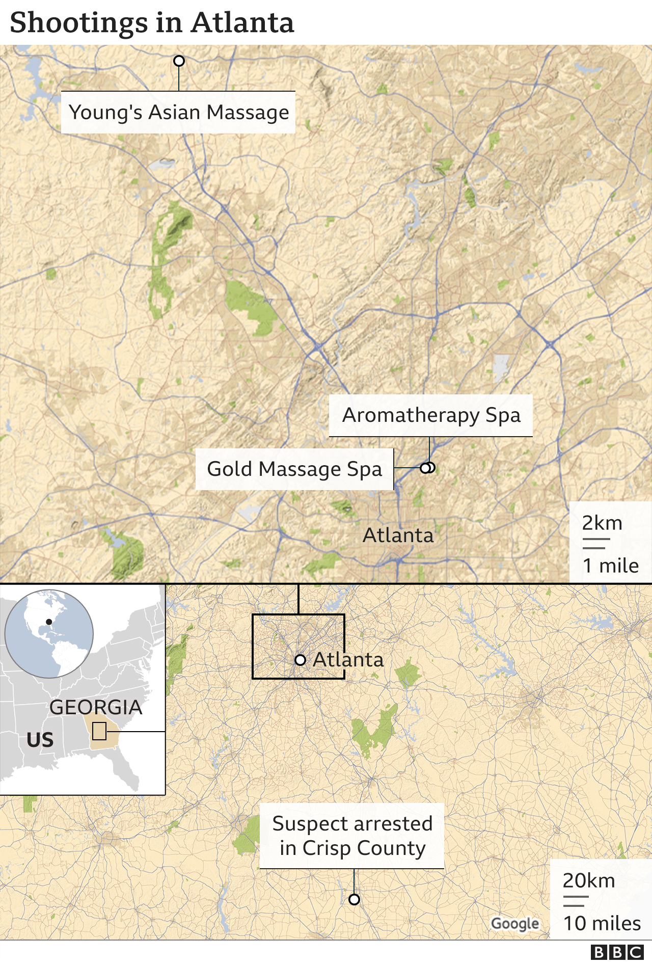 Map shows the location of the shootings in Atlanta