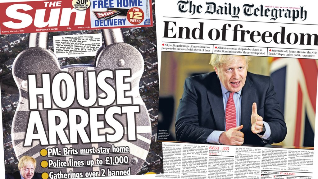 Newspaper Headlines UK under House Arrest As Coronavirus Measures 