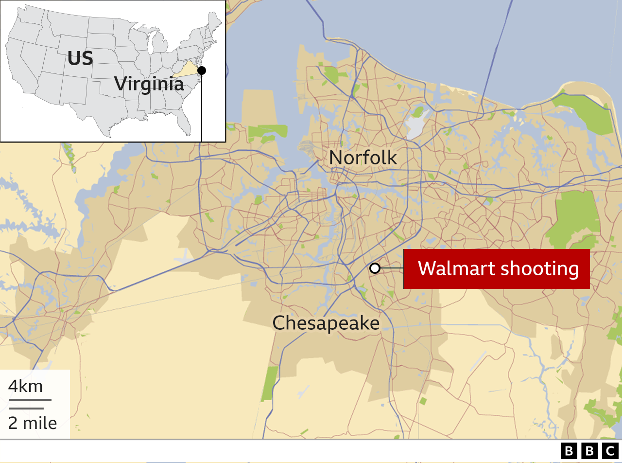 BBC map shows the location of Tuesday night's shooting at a Walmart store in Chesapeake, Virginia, which is to the south of the city of Norfolk
