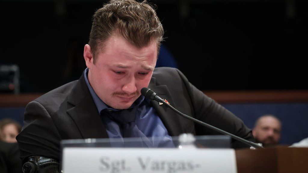 U.S. Marine Corps. Sergeant Tyler Vargas-Andrews testifies before the House Foreign Affairs Committee at the U.S. Capitol on March 08, 2023 in Washington, DC.