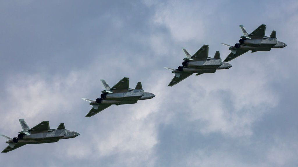 J-20 stealth fighter jets rehearse for the 2023 Changchun Air Show on 24 July2023 in Changchun, Jilin, China.