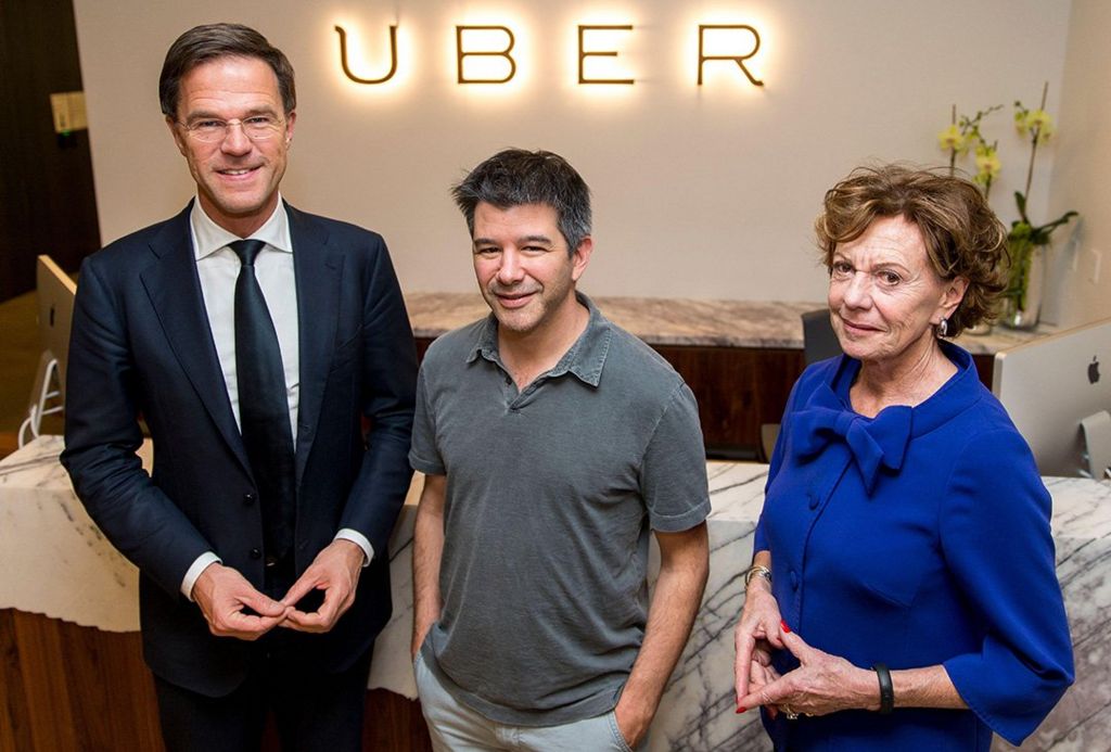 Dutch Prime Minister Mark Rutte, Travis Kalanick and Neelie Kroes, then working for StartupDelta,on a visit to Uber's California HQ in 2016