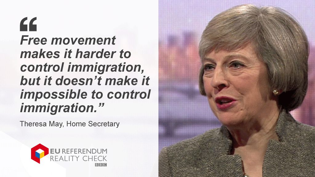 Theresa May saying: Free movement makes it harder to control immigration, but it doesn't make it impossible to control immigration.