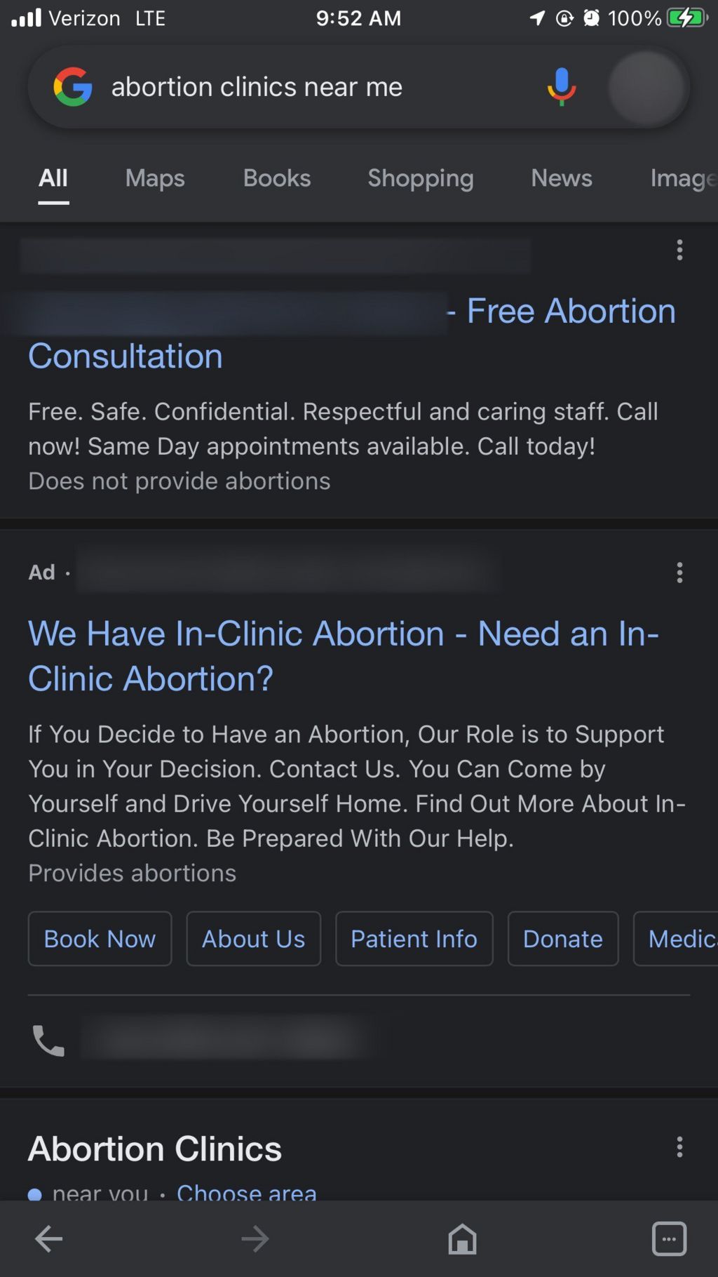 google search results for the term 'abortion clinics near me'. In small letters at the bottom, you can see the words 'Does not provide abortions' for one clinic and 'provides abortions' for another