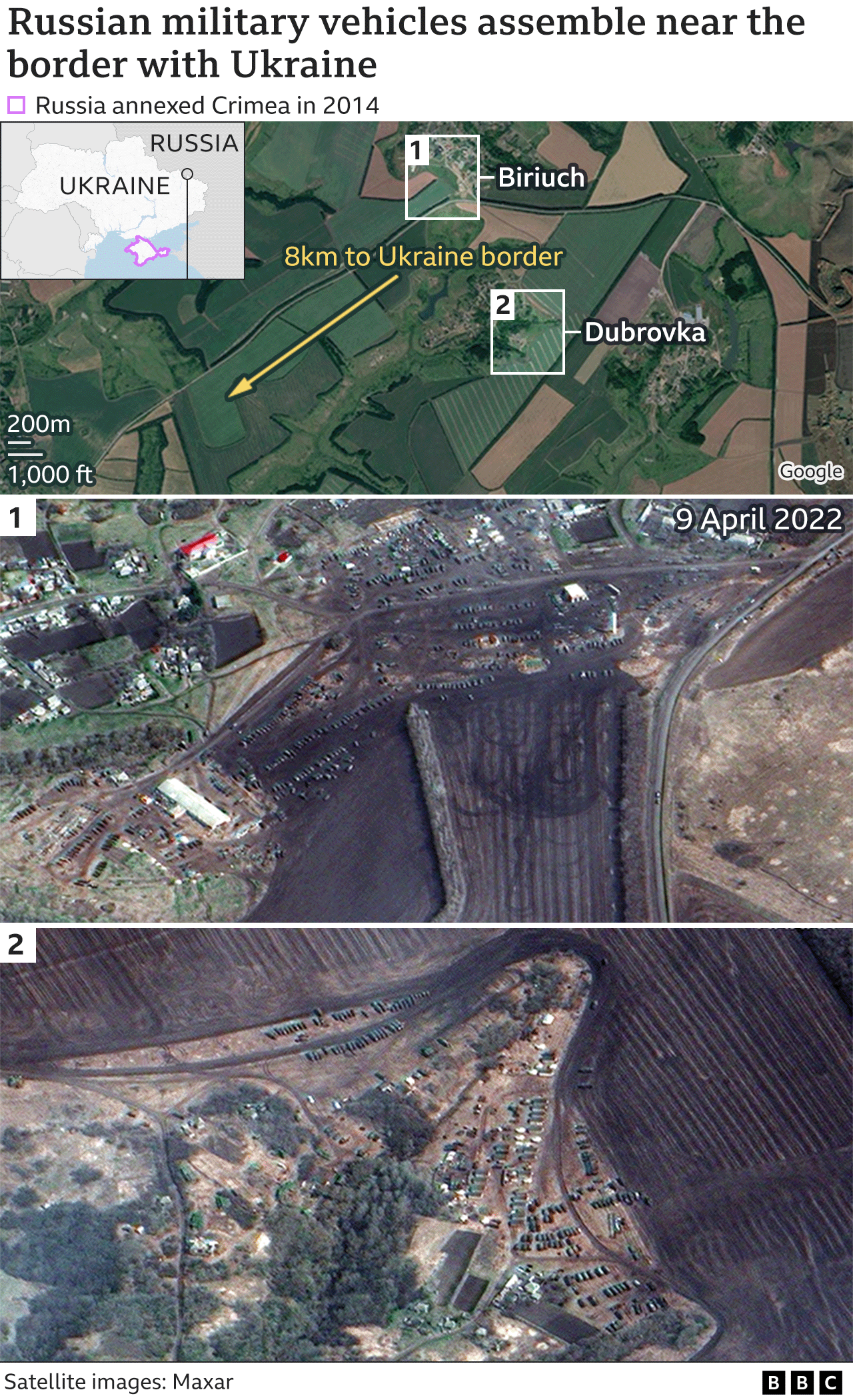 Satellite imagery showing Russian vehicles gathering near the Ukraine border.