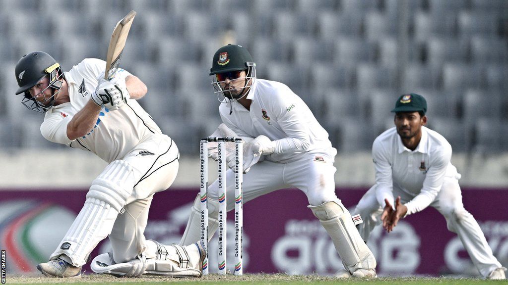New Zealand's Glenn Phillips plays a shot during his sides four-wicket win over Bangladesh in the second Test in Mirpur