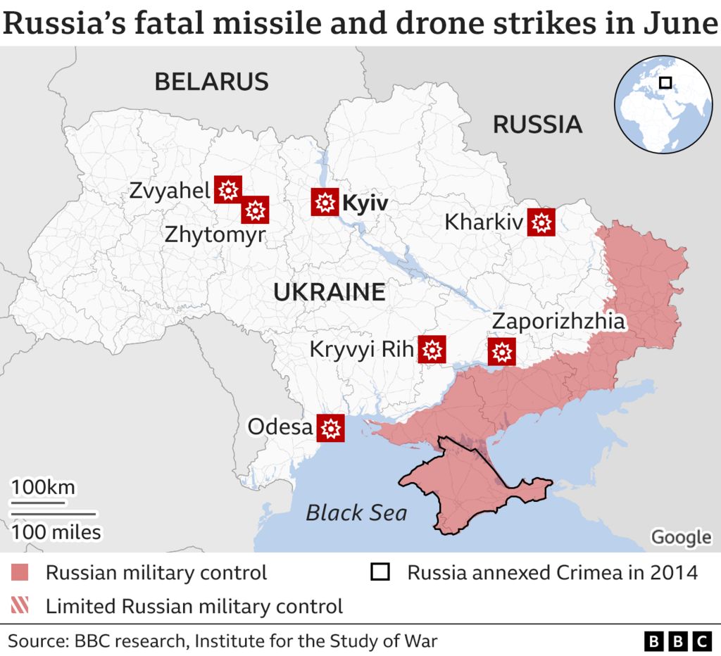 Map showing there have been fatal Russian missile or drone strikes in Kyiv, Kharkiv, Kryvyi Rih, Odesa, Zaporizhzhia, Zhytomyr, and Zvyahel in June