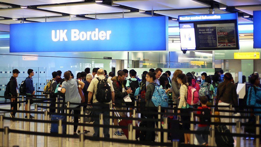 Passengers going through UK Border at Terminal 2 of Heathrow Airport, 2023