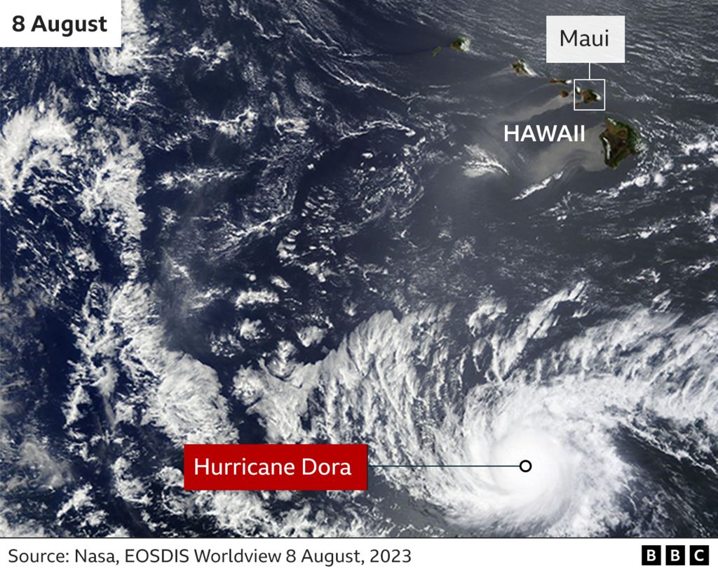 Satellite image showing Hurricane Dora's path