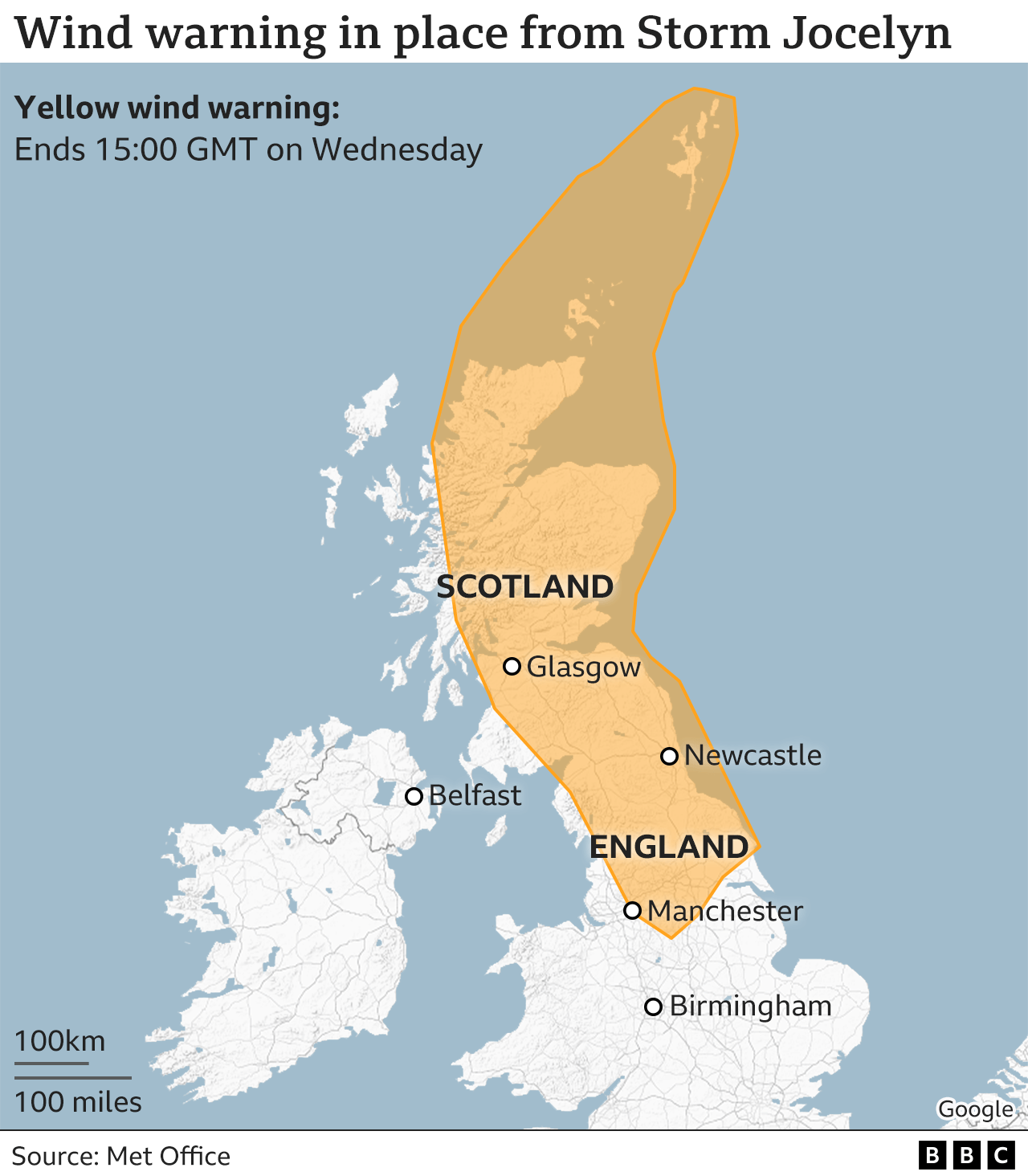 An image showing wind warnings in Scotland and northern England
