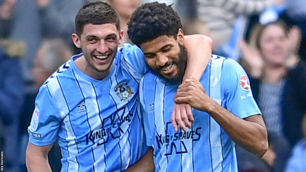 Ellis Simms (right) celebrates scoring for Coventry against Cardiff