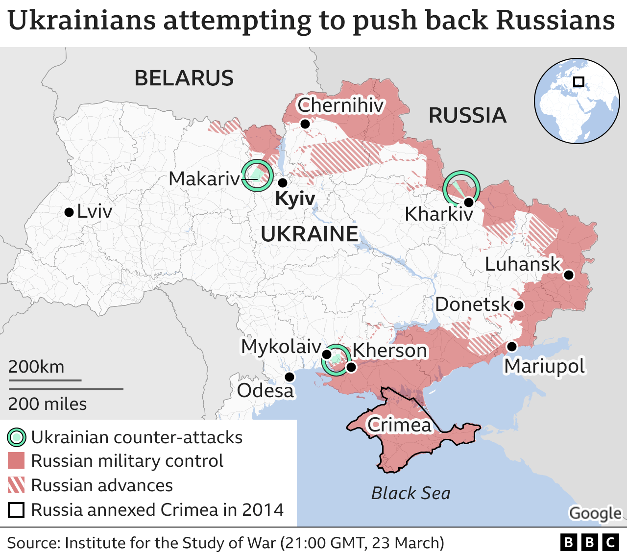 Map of Ukraine outlining areas under Russian control, as of 23 March 2022.