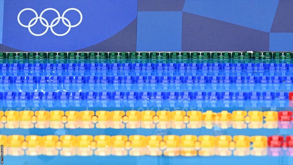 A general view of the empty swimming pool at the 2020 Tokyo Olympics