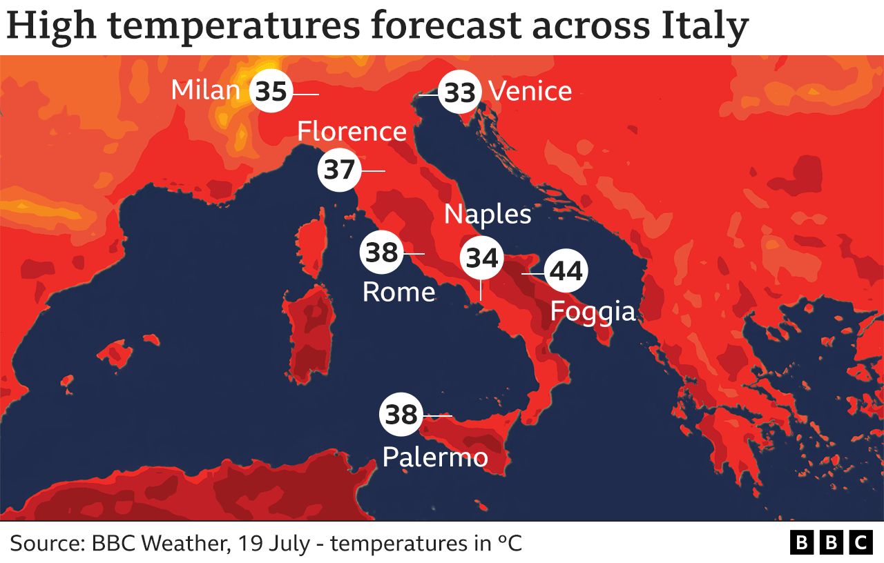 Map showing some of the high temperatures reached in cities across Italy, including 38C in Rome and Palermo and 44C in Foggia
