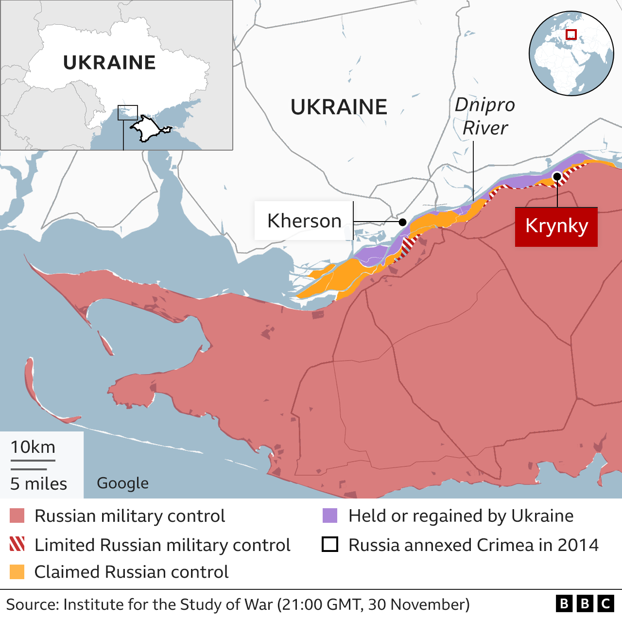 Map showing front lines on Dnipro river in Ukraine
