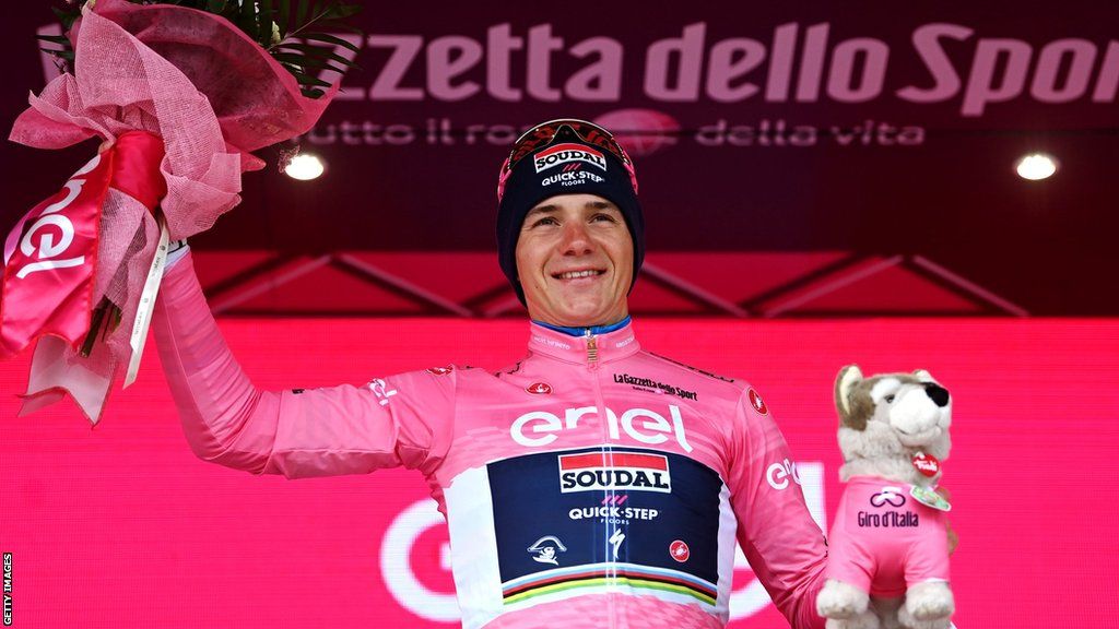 Belgian rider Remco Evenepoel wearing the leader's pink jersey after winning stage nine of the Giro d'Italia