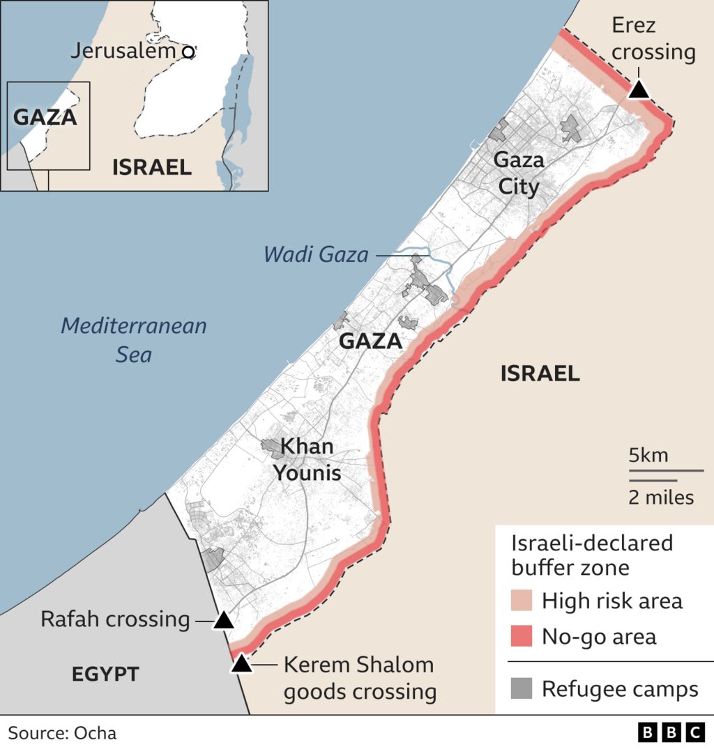 Map showing Gaza urban areas and refugee camps with the high-risk and no-go areas of the Israeli declared buffer zone around its border. Gaza has three border crossing points - Erez into Israel in the north and Rafah and Kerem Shalom into Egypt in the south - although they are not always open