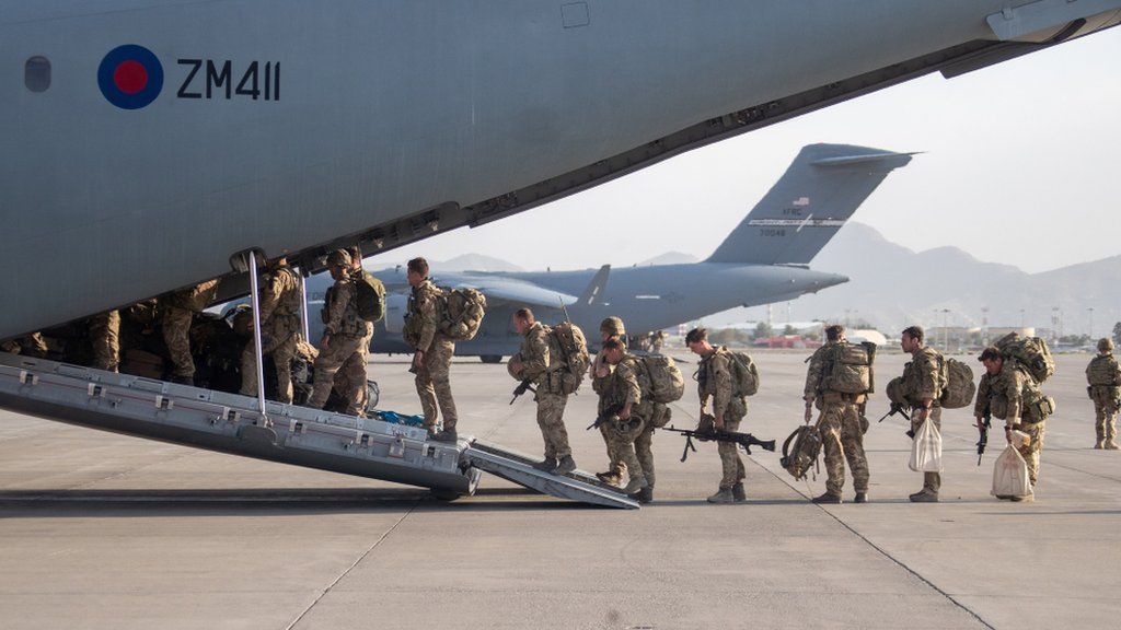 Image shows UK military personnel onboard a A400M aircraft departing Kabul, Afghanistan on the 28 August 2021.