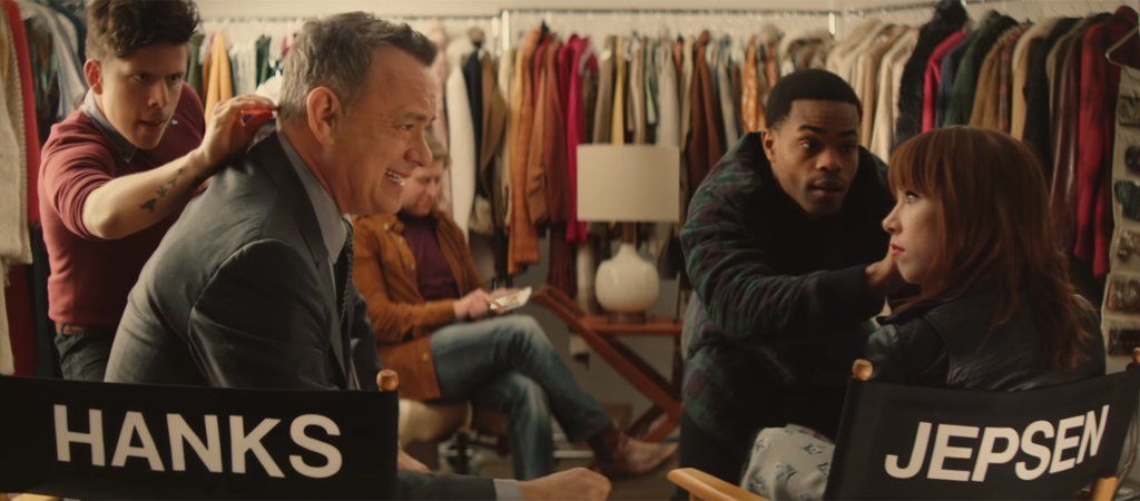 Tom Hanks and Carly Rae Jepsen in the video for I Really Like You