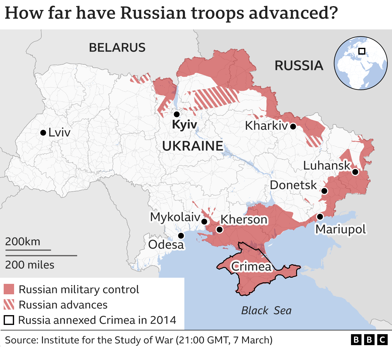 Map showing areas of Ukraine that are under Russian control