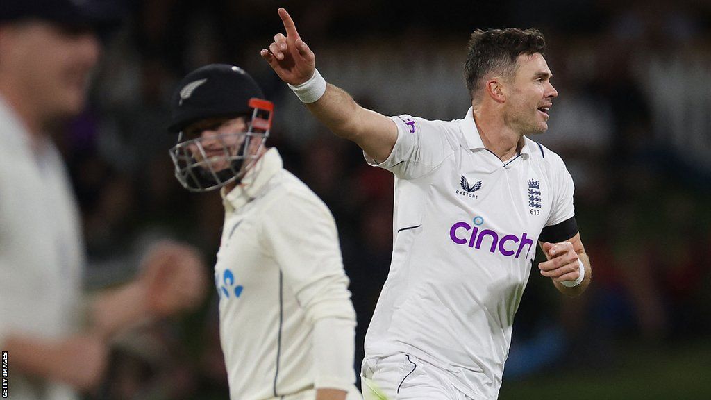 England bowler James Anderson puts his arm up in celebration after taking a wicket