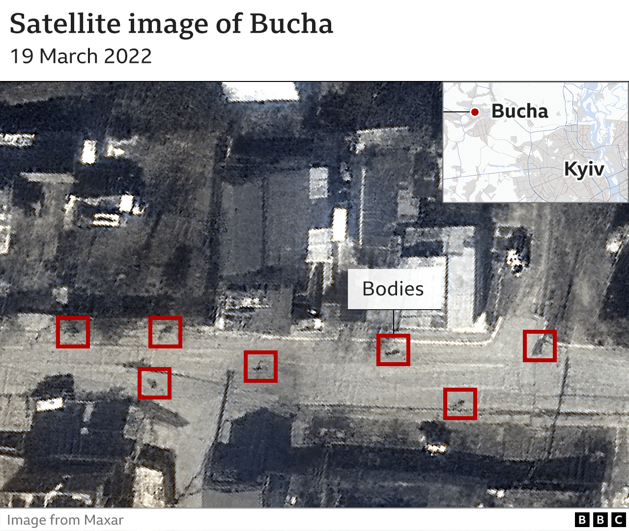 Black objects which appear to be the same size as human bodies remained in the same position on the same street in Bucha for some weeks