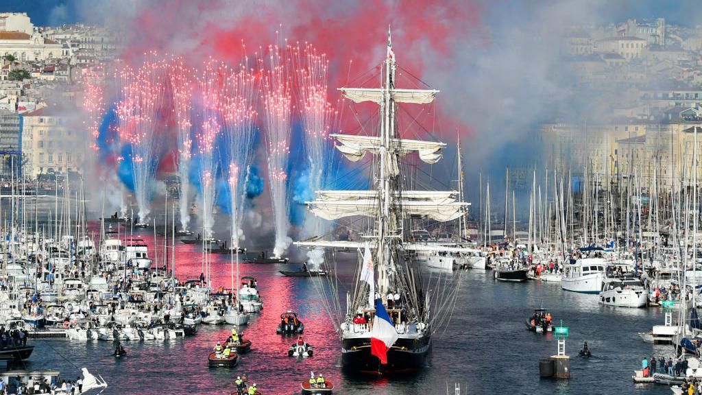 The 19th-century three-masted ship Belem is welcomed into Marseille