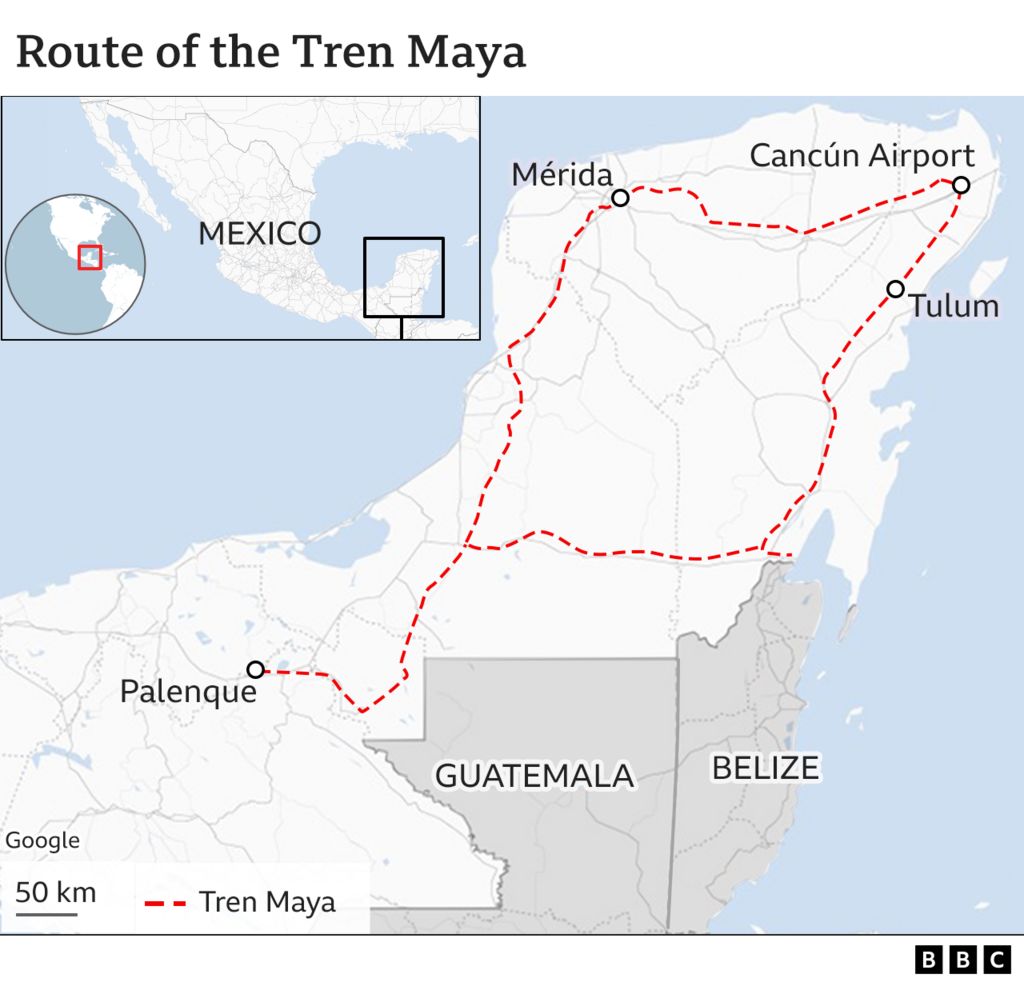 Map showing Tren Maya route through the Yucatán, from Palenque to Mérida, Cancún and Tulum