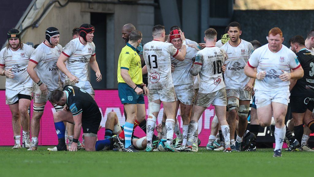 Ulster celebrate a try for Tom Stewart