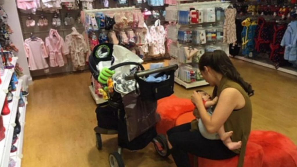 Zoe Frangou in Mothercare with her baby
