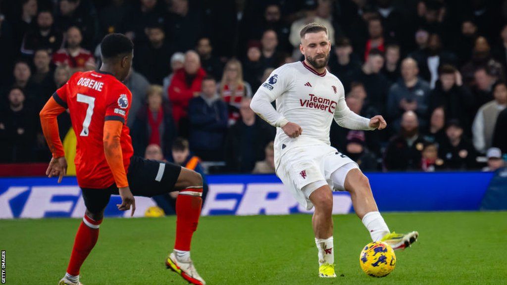 Luke Shaw in action for Manchester United against Luton on 18 February