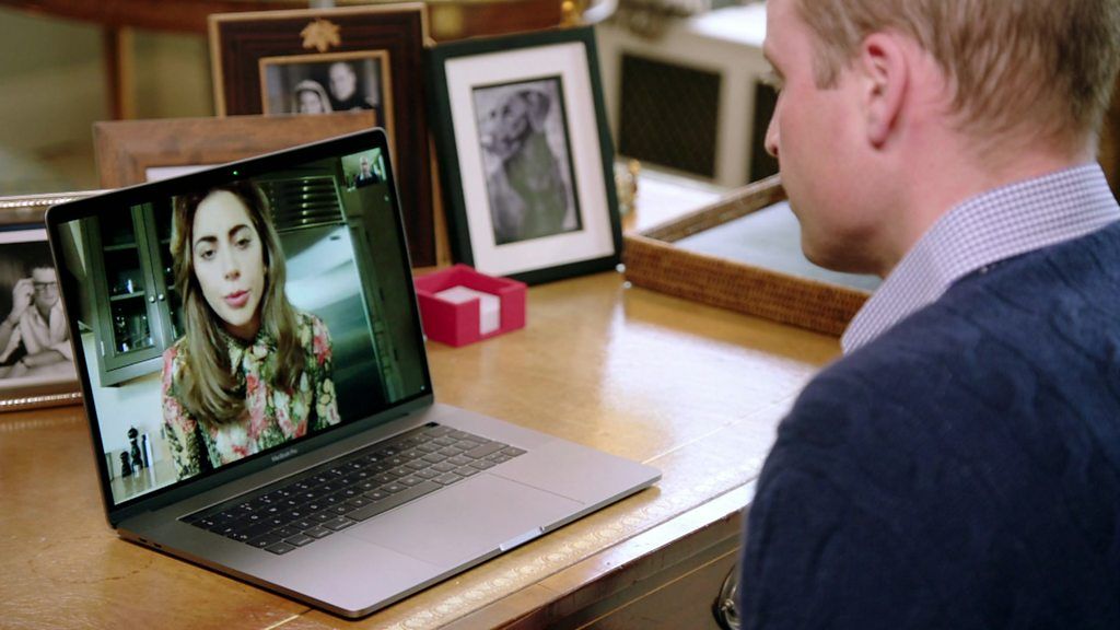 Prince William looks at Lady Gaga on his laptop