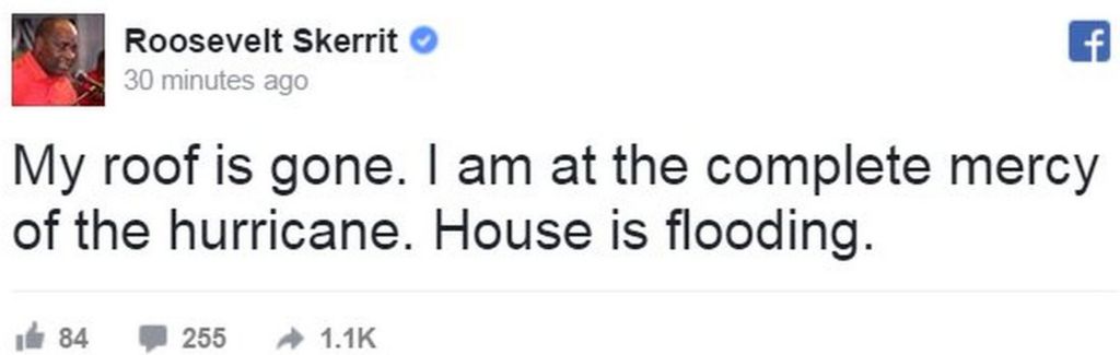 Facebook post by Dominica's prime minister saying his house was flooding - 19 September 2017