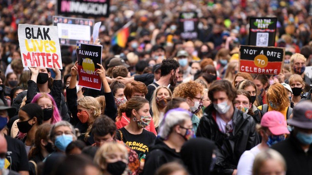Protesters are seen during an Invasion Day rally in Melbourne, Australia, 26 January 2021