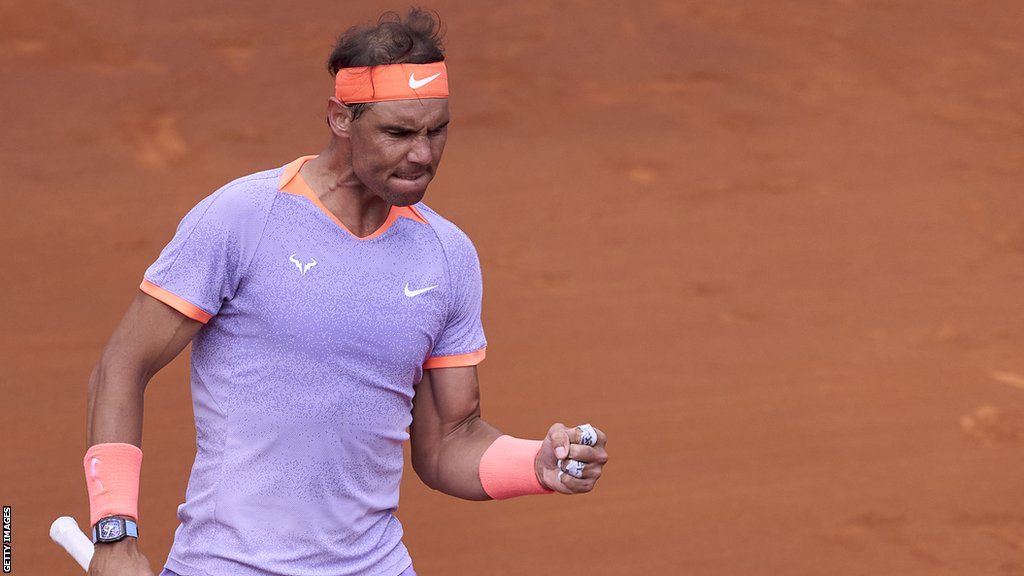 Rafael Nadal produces a fist pump during his Barcelona Open second-round match against Alex de Minaur