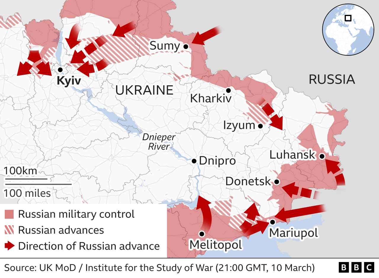 Map showing the Russian military advance into Ukraine from the east