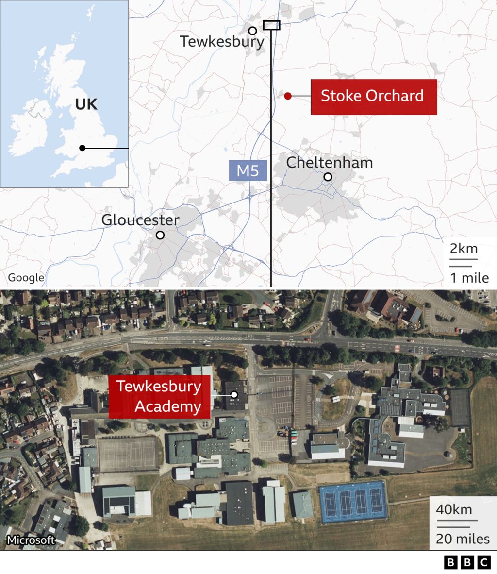 A map showing the location of Tewkesbury Academy and the distance that the suspect travelled
