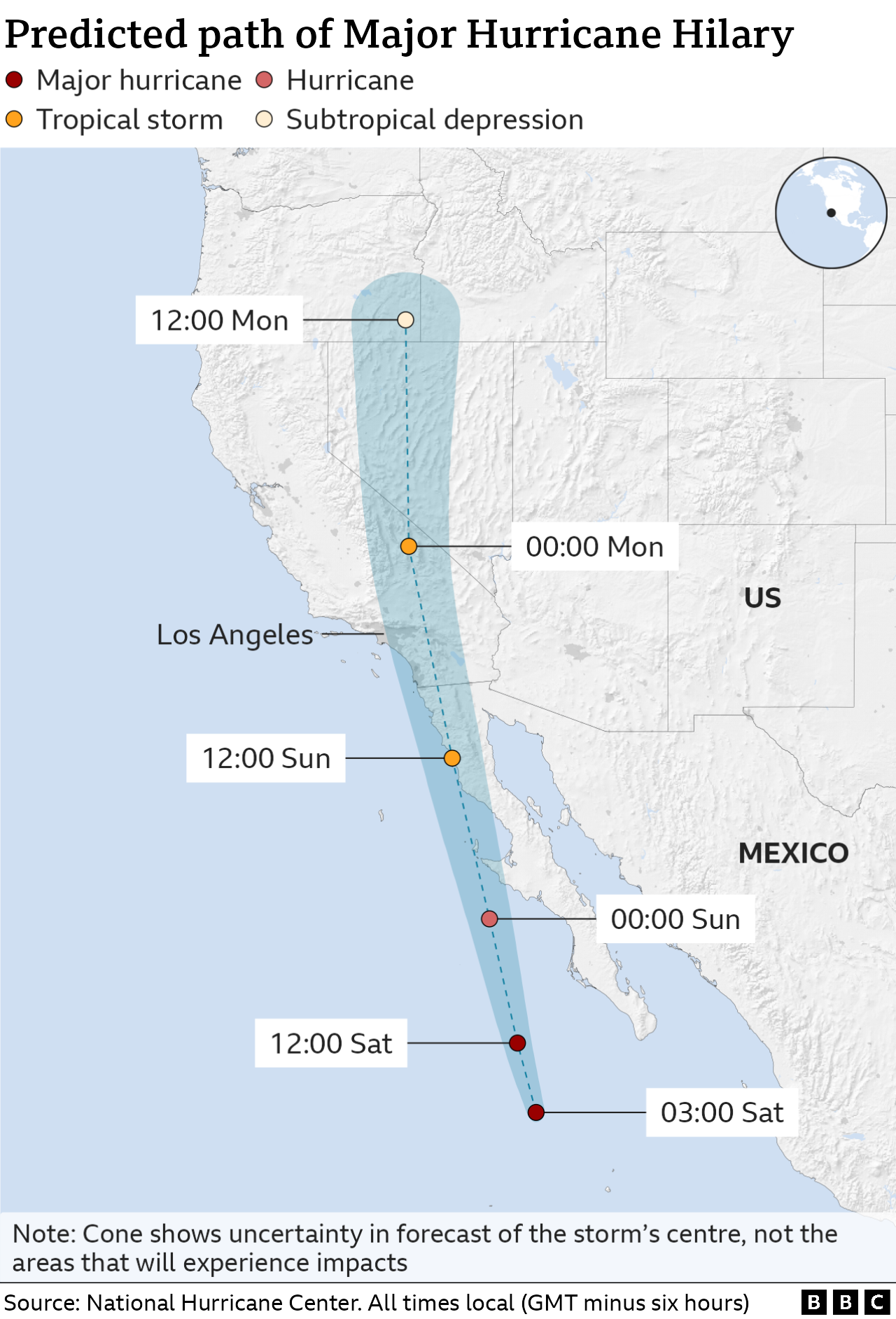 Map shows the predicted path of Hurricane Hilary from 03:00 Saturday, off the coast of Mexico, to 12:00 Monday, in California